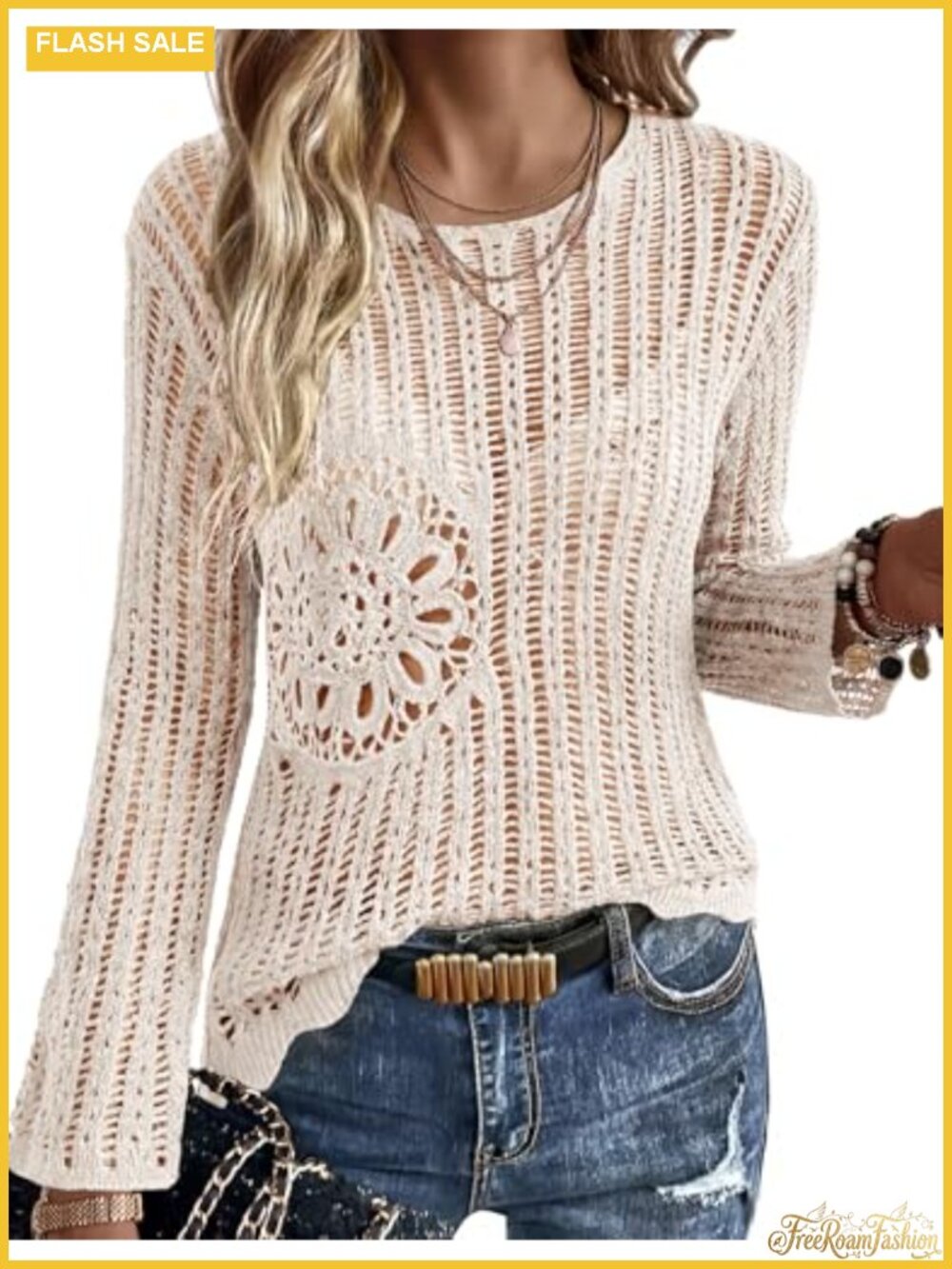 Crochet Hollow Out Floral Beach Cover Up Top Long Sleeve Sheer Vacation Cruise